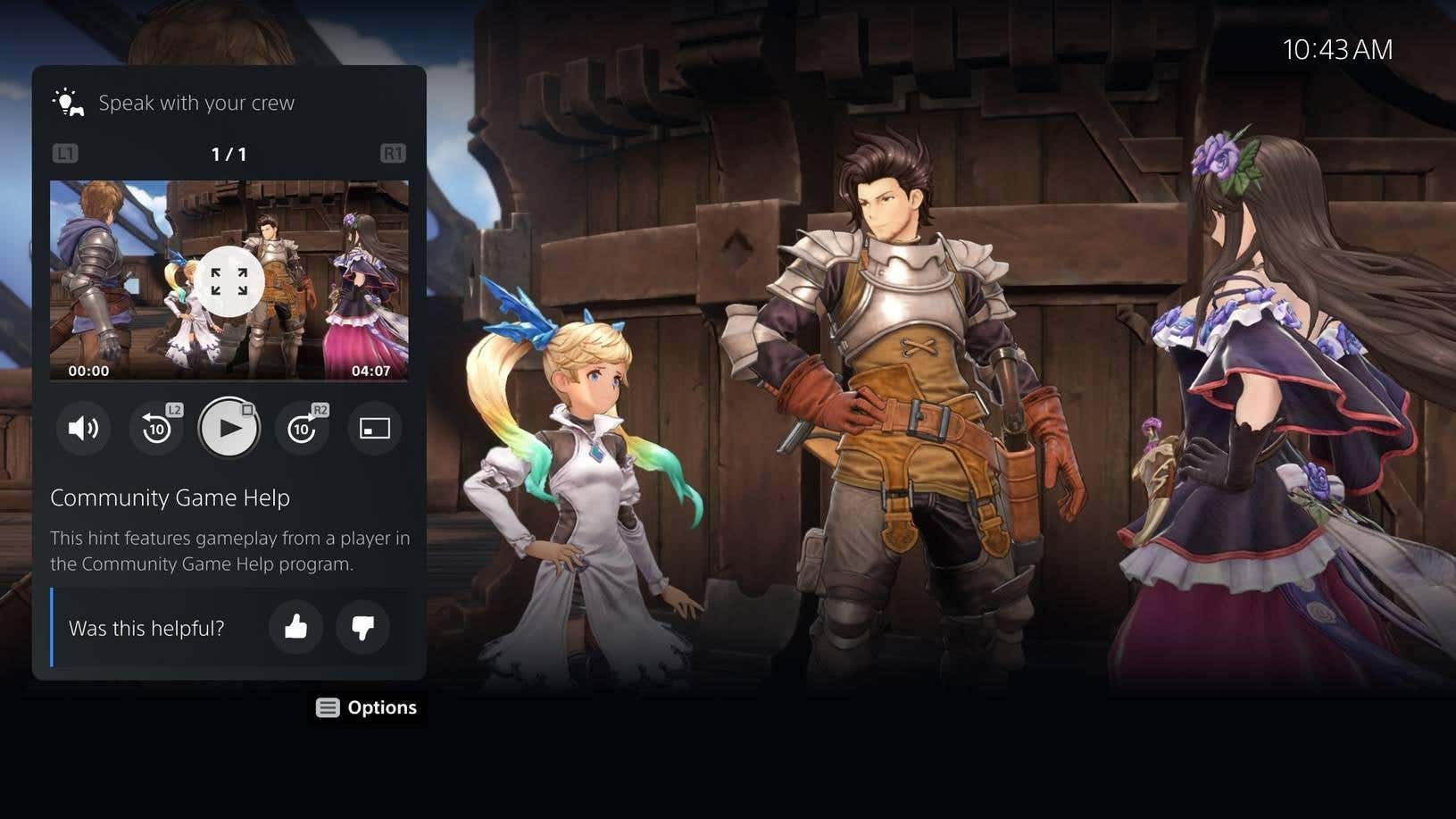 Screenshot of Granblue Fantasy: Relink with a help note for the community game on PS5